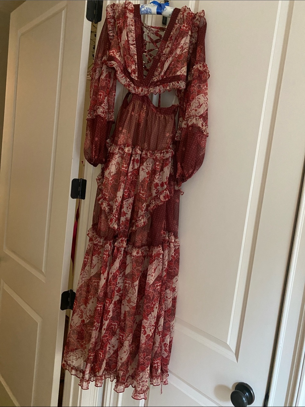 L’atiste NWT Boho Red Floral Tiered Maxi Dress with Lace-Up Back